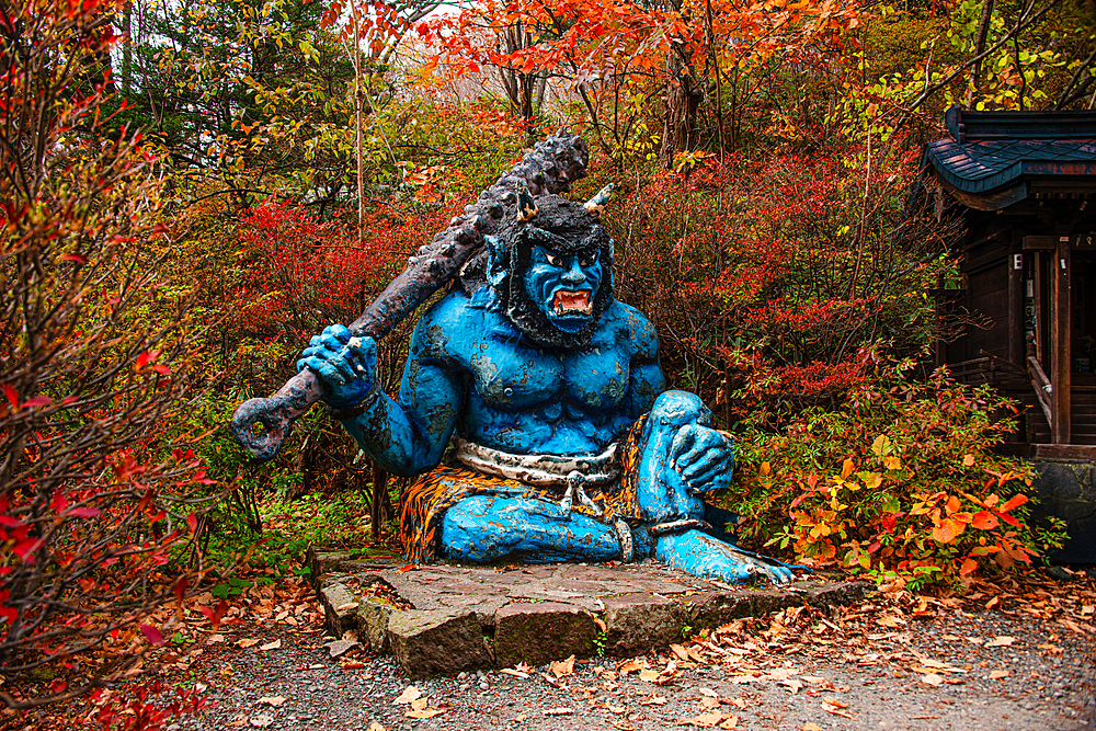 Blue Demon Shrine-Nembutsu Demon Statue in autumn, Noboribetsu, Hokkaido, Japan, Asia