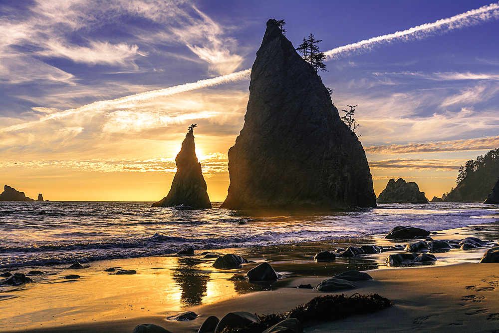 Golden sunset on Rialto Beach with sun behind the iconic rock formations, Washington State, United States of America, North America