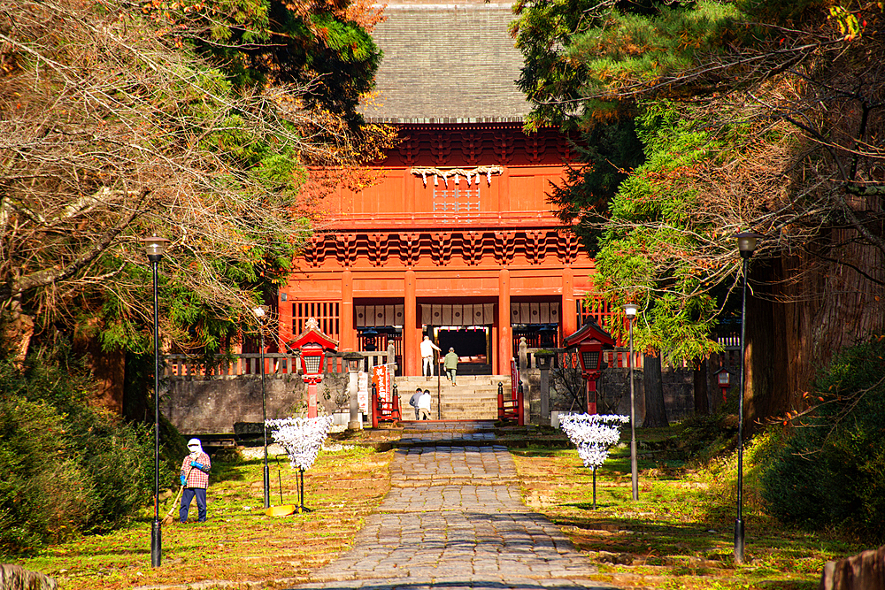 Close up of the fire red main building of The Mount Iwaki Shrine near Hirosaki, North Hon shu, Japan, Asia