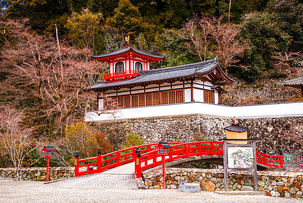 Beautiful red bridge at Buddhist temple Ryuan-ji at Minoh National Park near Osaka,Kansai Japan