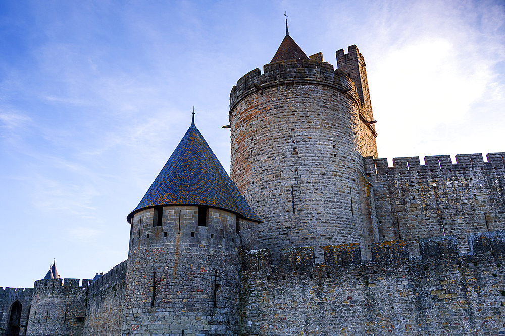Evening atmosphere in Carcassonne, Languedoc-Roussillon France. Walls, towers and ramparts of the the Cite de Carcassonne which is a UNESCO World Heritage Site.