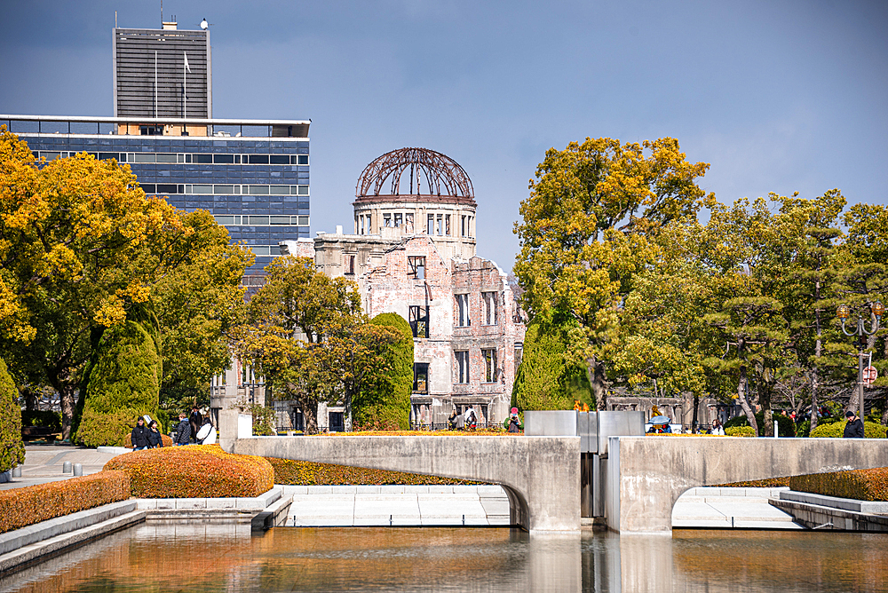 A dome peace memorial in Hiroshima Hiroshima behind the Flame of Peace and Peace park, Japan