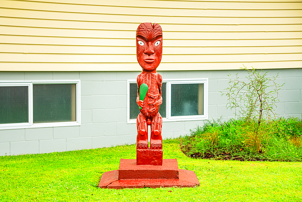 Maori wooden sculpture at te ao marama hall. Te Papaiouru Mara, Rotorua. Whakairo rakau (wood carving)