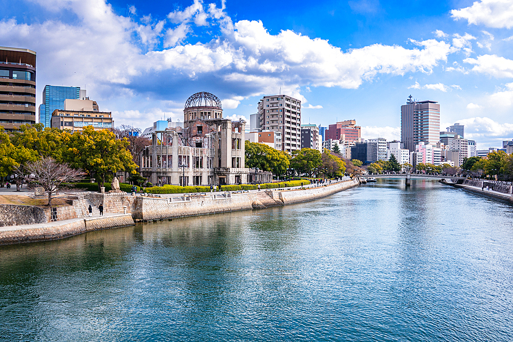 Riverside View of Atomic Bomb Dome and Cityscape Along the Motoyasu River in Hiroshima, Japan