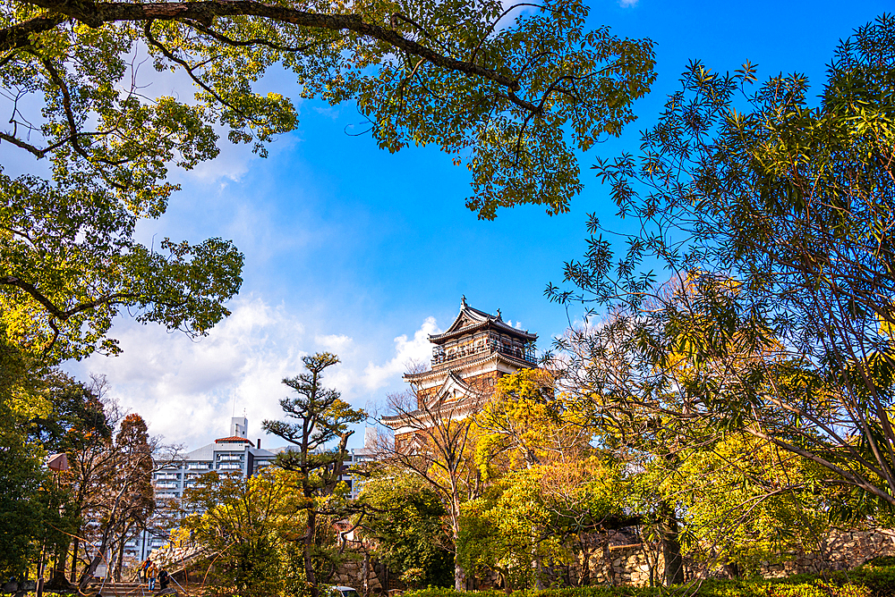 View Through Trees Toward Hiroshima Castle Tower with Blue Sky , Hiroshima, Japan