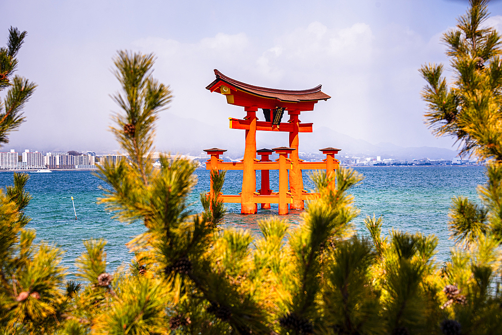 Iconic Floating Torii Gate of Itsukushima Shrine Framed by Pine Trees on Miyajima Island, Japan