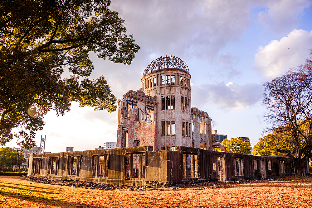 Historic Atomic Bomb Dome at Hiroshima Peace Memorial Park Under a Dramatic Sky in Hiroshima, Japan