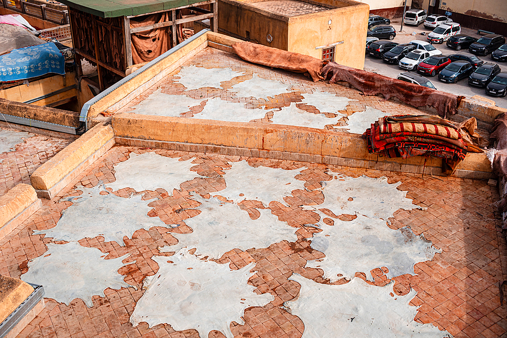 White Leather Hides Drying in Sunlight on a Rooftop Terrace in Fes Medina, Morocco