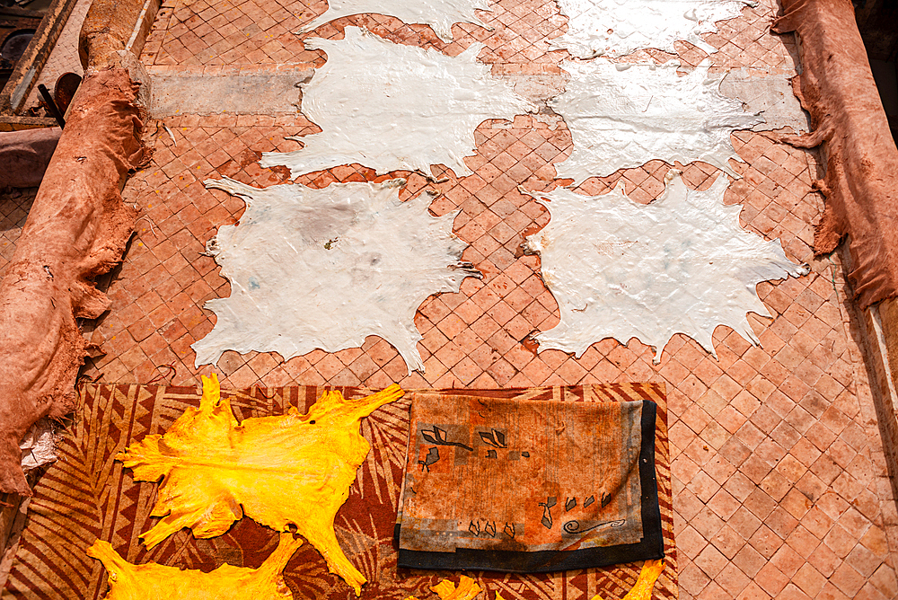 Freshly Dyed Yellow Leather Hides Drying on Rooftop in the Medina of Fes, Morocco