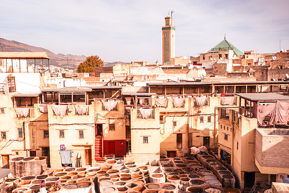 Chouara Tannery Seen from Above with Minaret and Mountain Views in Fes, Morocco