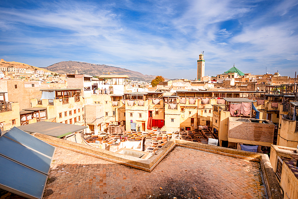 Iconic View of Chouara Tannery Surrounded by Ancient Buildings and Minarets in Fes, Morocco