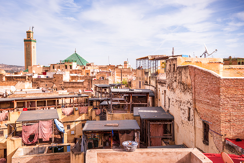 Minaret and Rooftop Architecture Above the Medina of Fes Near Chouara Tannery, Morocco