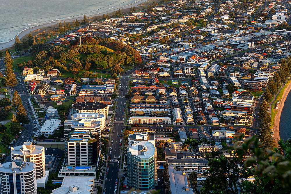 Low aerial view of residential area of Mount Maunganui, Tauranga, Bay of Plenty, North Island, New Zealand, Pacific