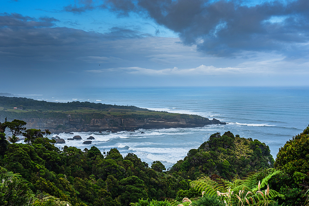 Overlook Across the Wild West Coastline with Bushy Headlands and Ocean Horizon Near Punakaiki, New Zealand