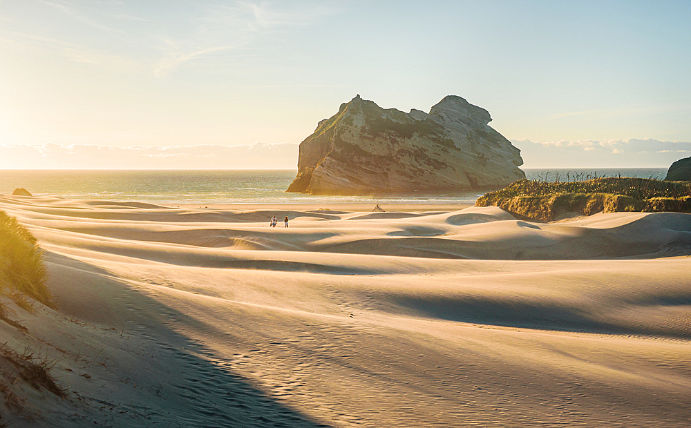 Soft Morning Light Illuminating Sand Dunes and Rock Stack at Wharariki Beach, Golden Bay, South Island, New Zealand