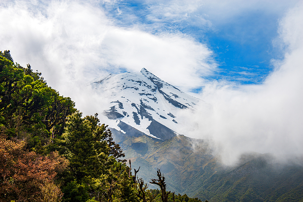 Snowy summit of the volcano, Mount Taranaki, North Island, New Zealand, Pacific