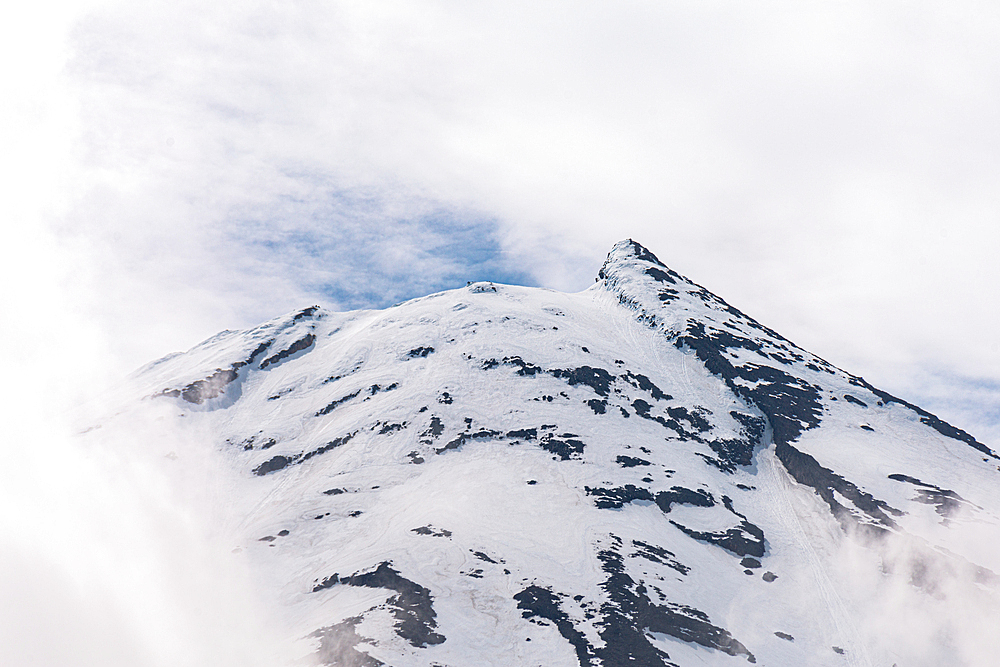 Close up of the snowy summit of the volcano, Mount Taranaki, North Island, New Zealand, Pacific