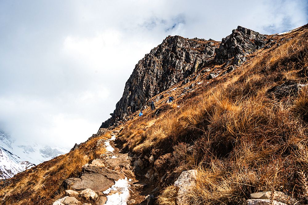 Narrow alpine trail winding along a steep hillside above Langtang Valley, Nepal