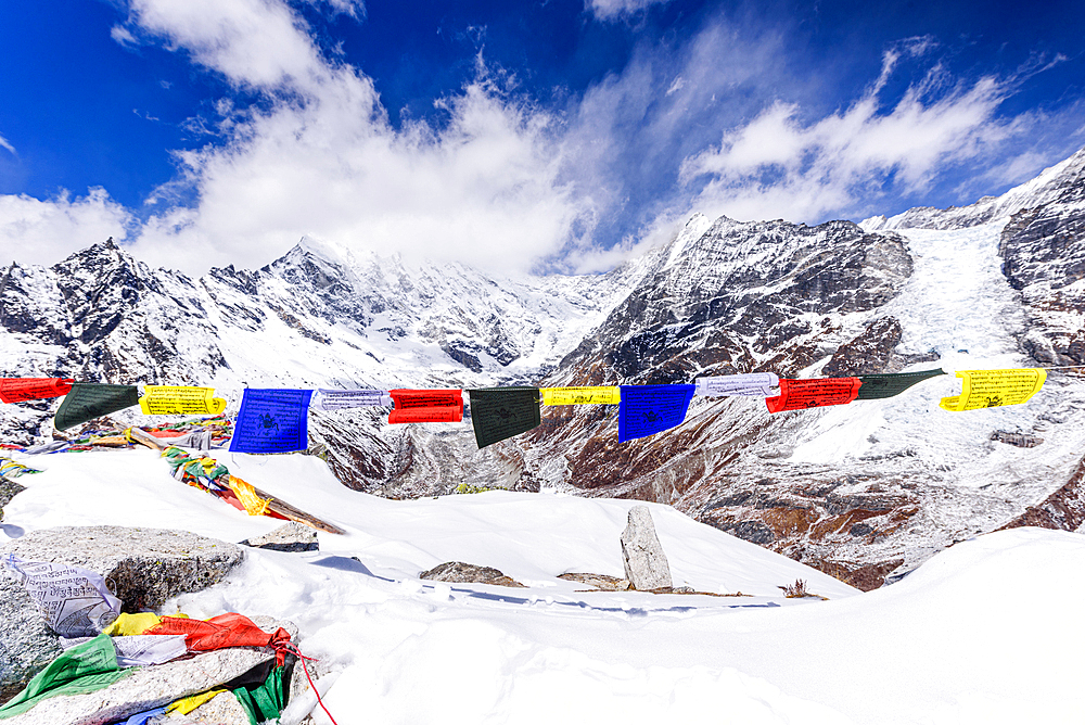 Panoramic View of Langtang Lirung and Langtang Valley Framed by Colorful Prayer Flags on Snowy Kyanjin Ri Summit, Langtang National Park