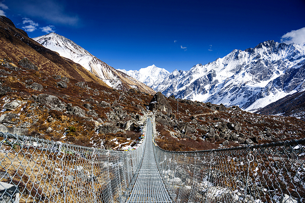 Suspension bridge leading into the snowy expanse of Langtang Valley with clear views of Gangchempo’s striking summit under crisp sunlight