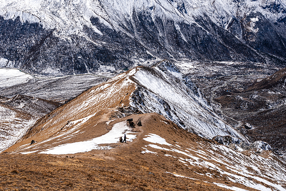 Aerial view of trekkers climbing narrow ridge trail toward Kyanjin Ri summit, flanked by snowy slopes in Langtang, Nepal