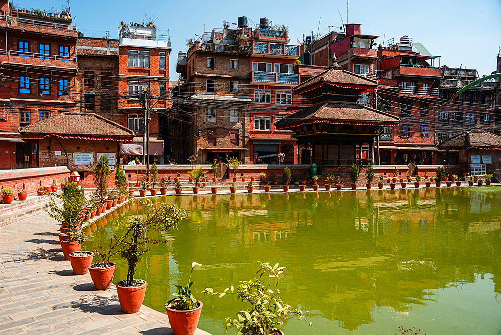 Peaceful green pond with a traditional Newar pavilion and surrounding brick houses in Bhaktapur, Nepal