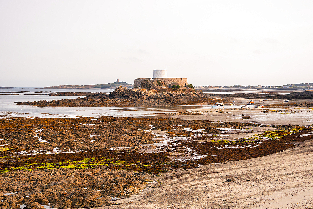 Historic Fort Grey Martello tower standing on a tidal islet in Rocquaine Bay at low tide, Guernsey, Channel Islands, United Kingdom.