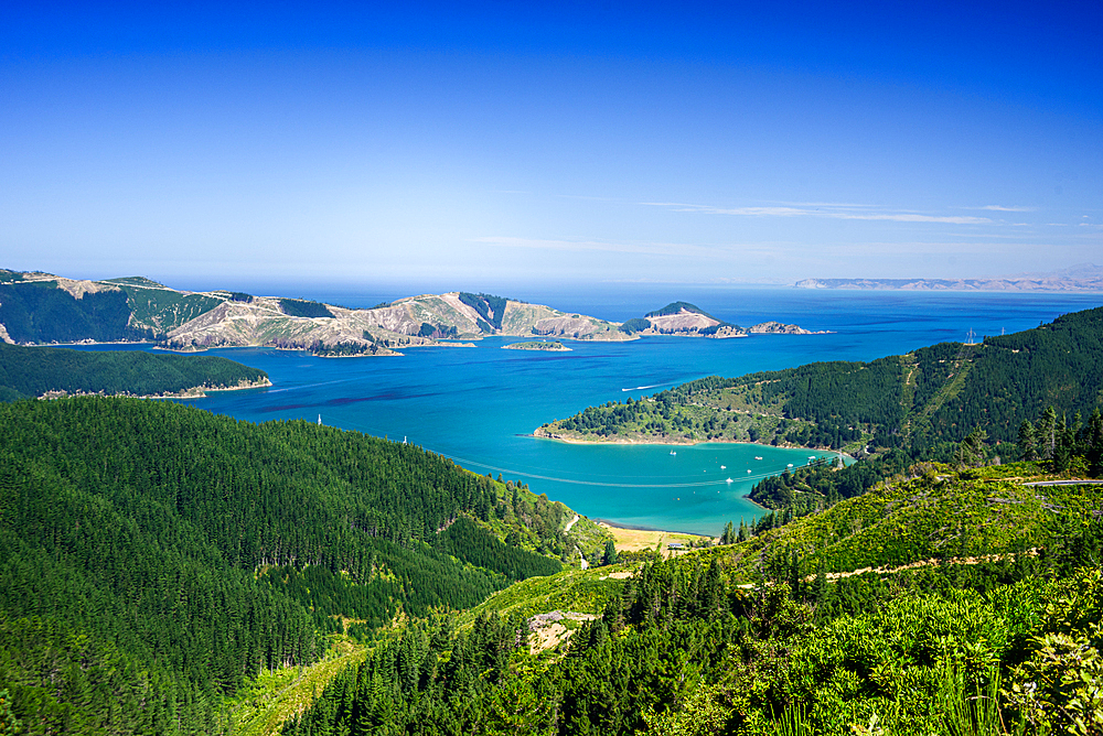 Scenic landscape of Marlborough Sounds, a network of sea-drowned valleys famous for boating and hiking in South Island, New Zealand.