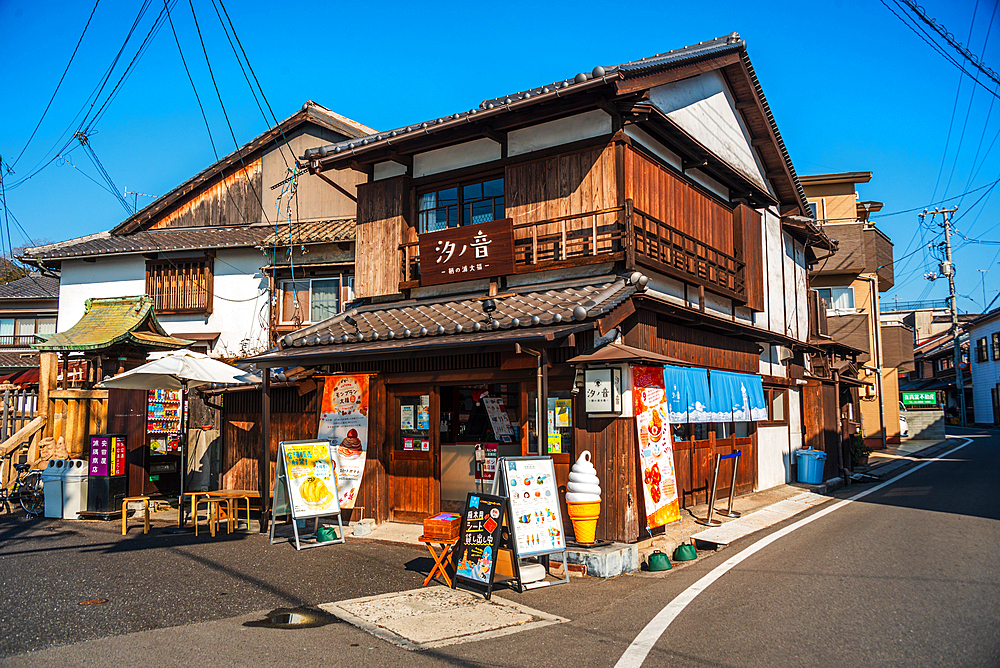 Traditional Japanese house with a store selling soft ice, Tomonoura, Honshu, Japan, Asia