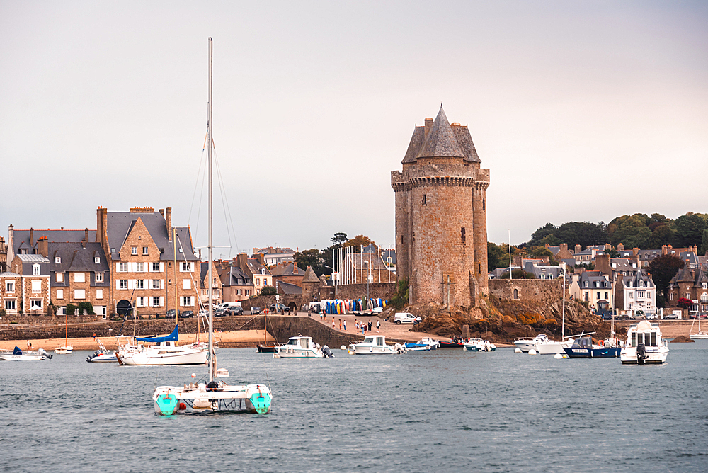 Tour Solidor tower and waterfront buildings on the Rance River estuary Saint Servan Saint Malo Brittany France
