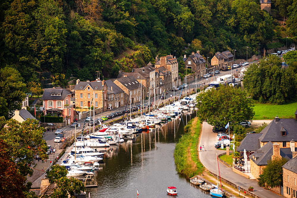 Aerial view of Marina with boats docked along the River Rance in historic town of Dinan Brittany France. Port de Dinan
