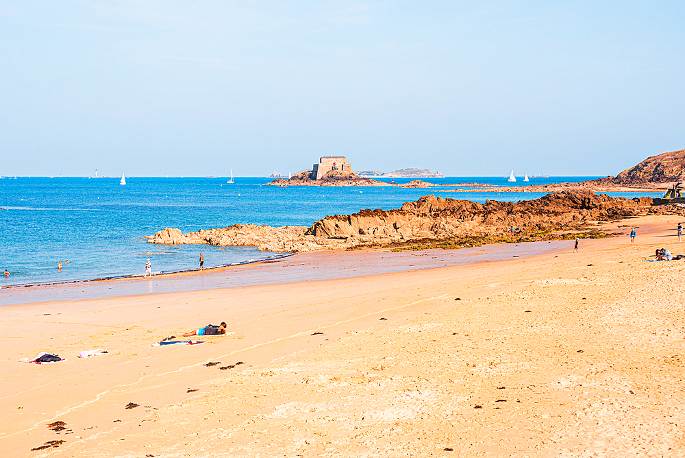 : Scenic sandy beach and rocky islets near Saint-Malo Brittany France summer coast