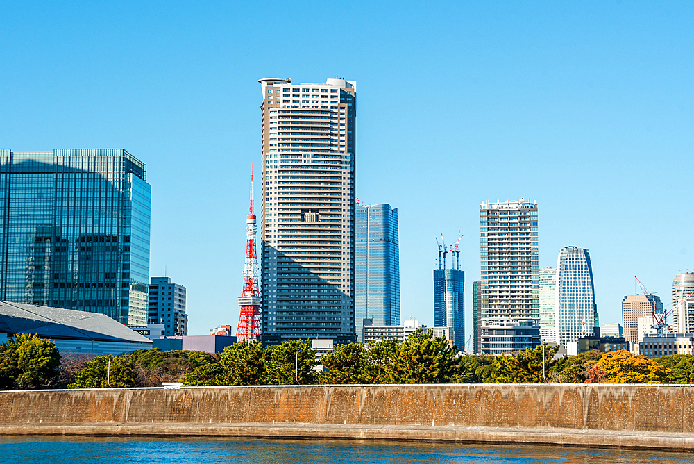 Waterfront high-rise building with the iconic Tokyo Tower and blue sky, Tokyo, Honshu, Japan, Asia