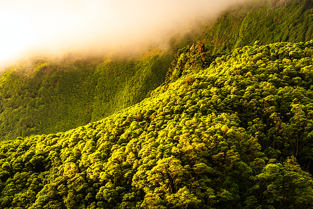 Low clouds drifting over the lush green highlands on Flores Island, Azores, Portugal.