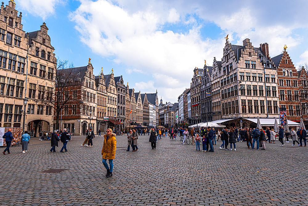 Tourists walking through the Grote Markt, the main square of Antwerp, Belgium