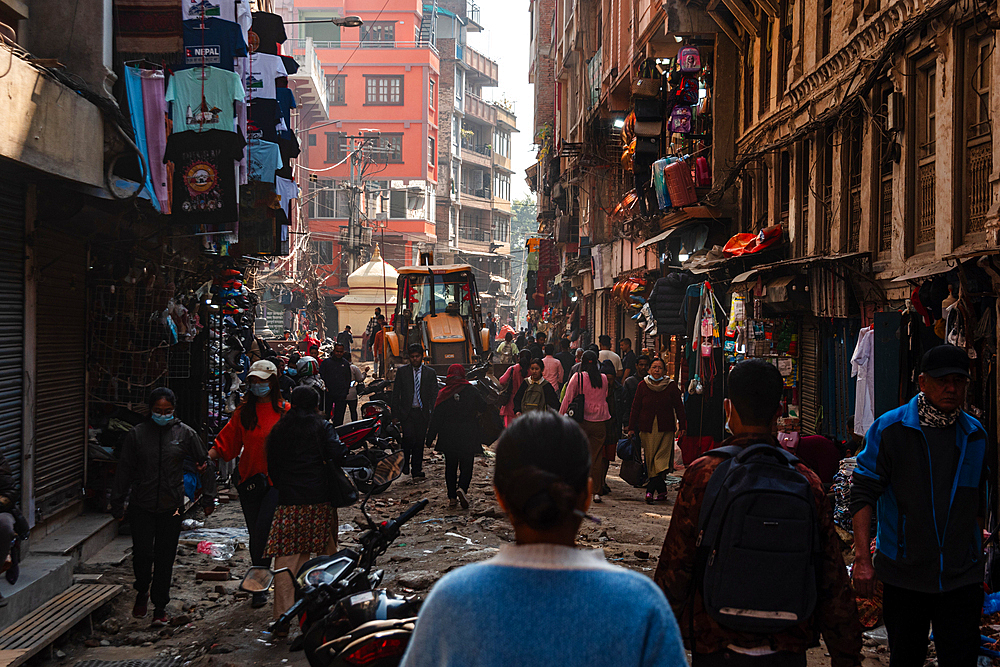 Busy chaotic street in Kathmandu near New Road and Thamel, Kathmandu, Nepal, Asia