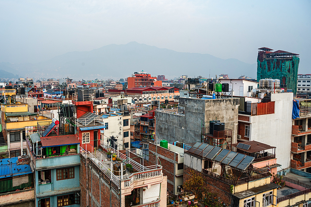 Sunrise skyline with colourful houses and residential rooftops, of densely populated Thamel in Kathmandu, Nepal, Asia