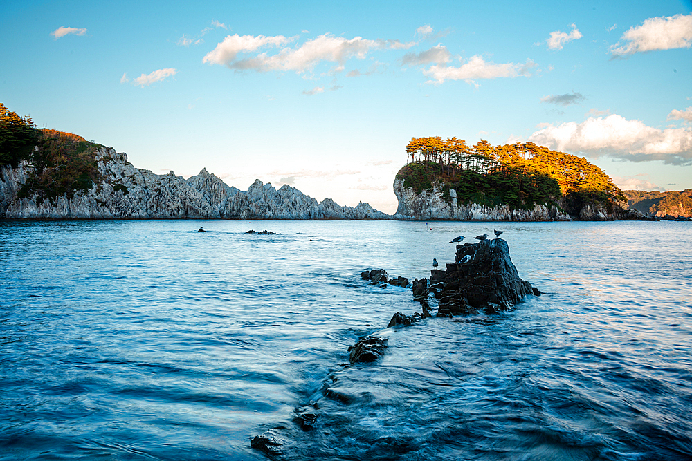 Long exposure sunset panoramic view of the white cliffs of Jodogahama, Miyako Bay, the sea of northern Honshu, Iwate prefecture, Japan, Asia