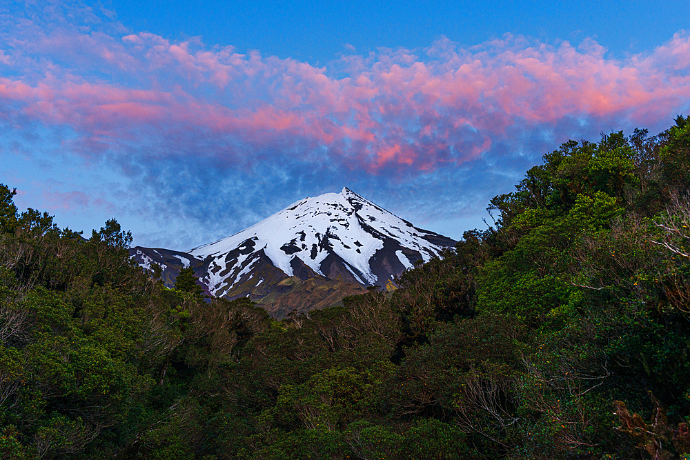 Purple sunset above the snowy summit of Mount Taranaki, North Island, New Zealand, Pacific