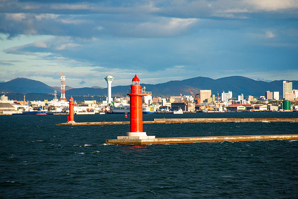 Red lighthouse in front of the harbor of Hakodate, Hokkaido, Japan, Asia