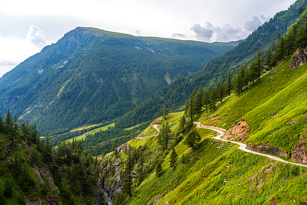 Beautiful alpine valley with a country road leading down the slope, near Domodossola, Piedmont, Italy, Europe