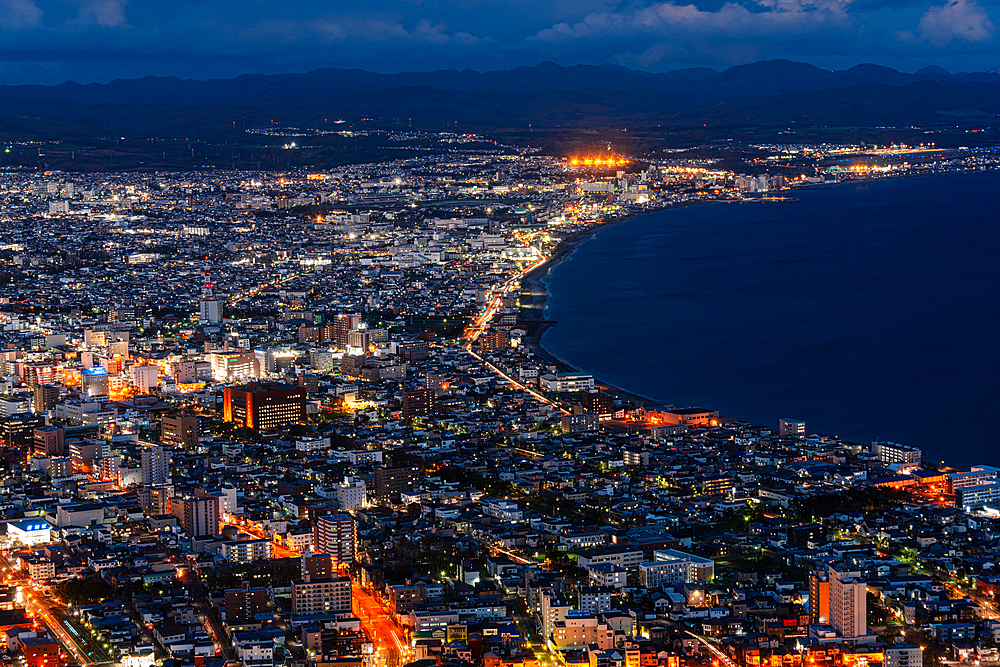 Aerial of the skyline of Hakodate at night, Hakodate, Hokkaido, Japan, Asia