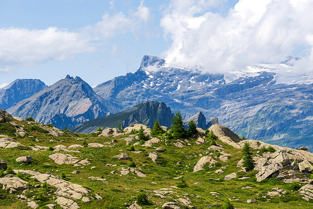 View over a high mountain meadow with towering summits of the Swiss Alps on the horizon in the Simplon area, Switzerland, Europe