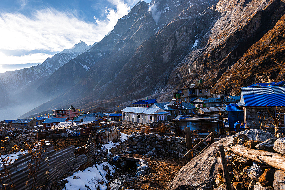 View over the houses of Lang Tang Village, a high altitude village on the Lang Tang Valley Trek, Himalayas, Nepal, Asia