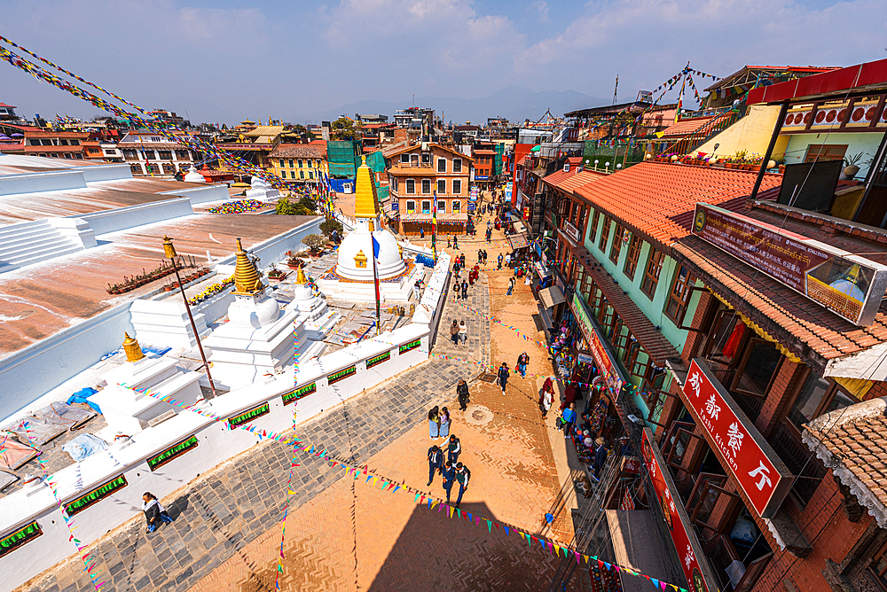 Aerial view of the houses and path around Buddha Stupa, Boudhha (Boudhanath), UNESCO World Heritage Site, Kathmandu Valley, Nepal, Asia