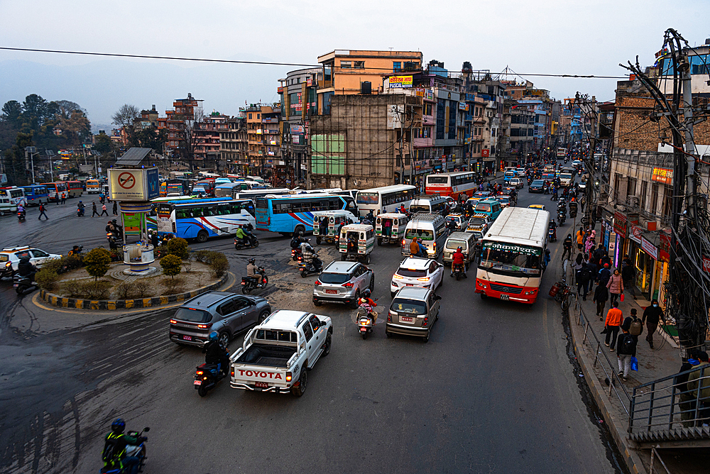 Traffic jam and roundabout, Ring road intersection with massive traffic, Chabahil, Kathmandu, Nepal, Asia