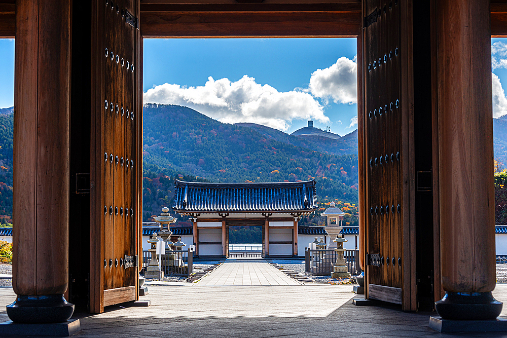 Gate of Osorezan Bodaiji Temple in autumn, Mutsu, Aomori prefecture, Honshu, Japan, Asia