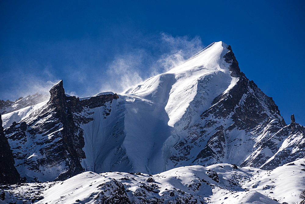 Snow covered mountain summit, Lang Tang Trek, Himalayas, Nepal, Asia