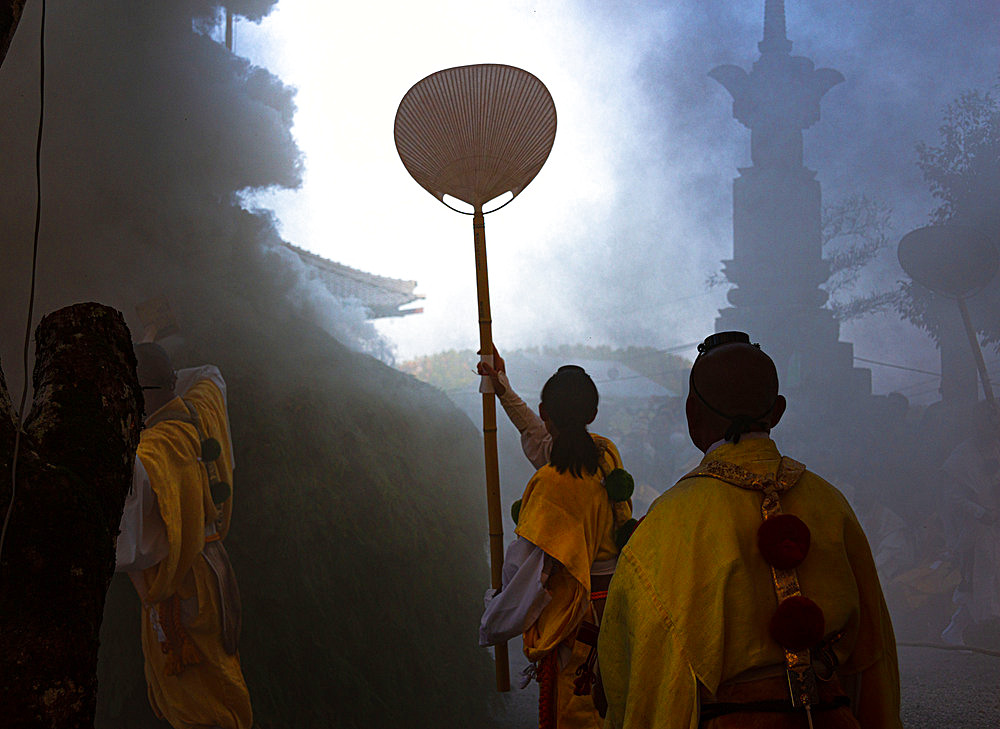 Fire Festival in autumn showing Buddhist monks in smoke at Koyasan, Wakayama prefecture, Honshu, Japan, Asia