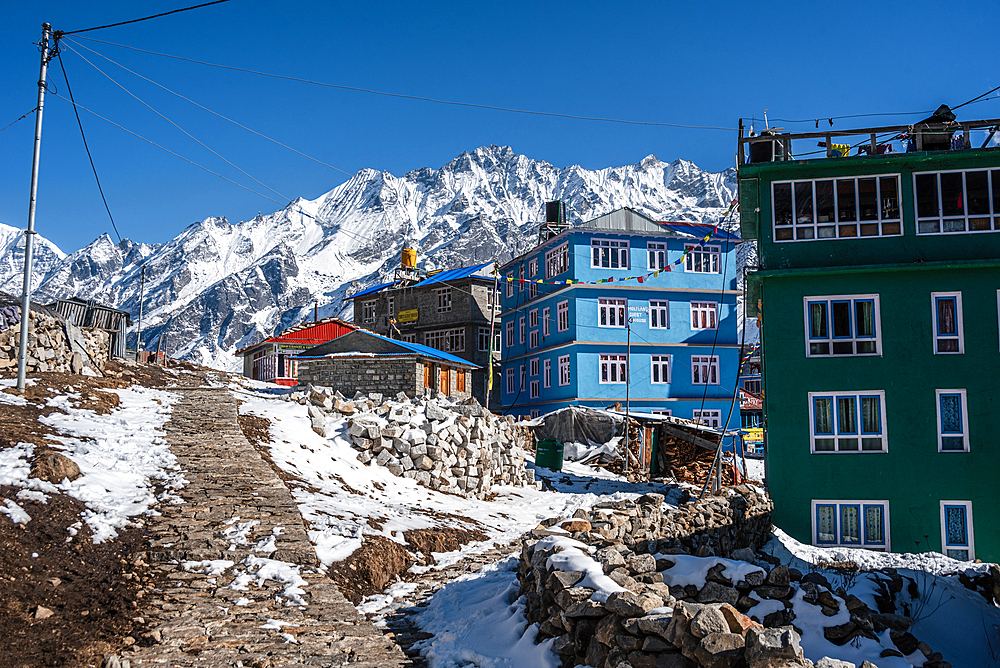 Colourful houses of Kyanjin Gompa with icy mountains in the background, Lang Tang Valley Trek, Himalayas, Nepal, Asia